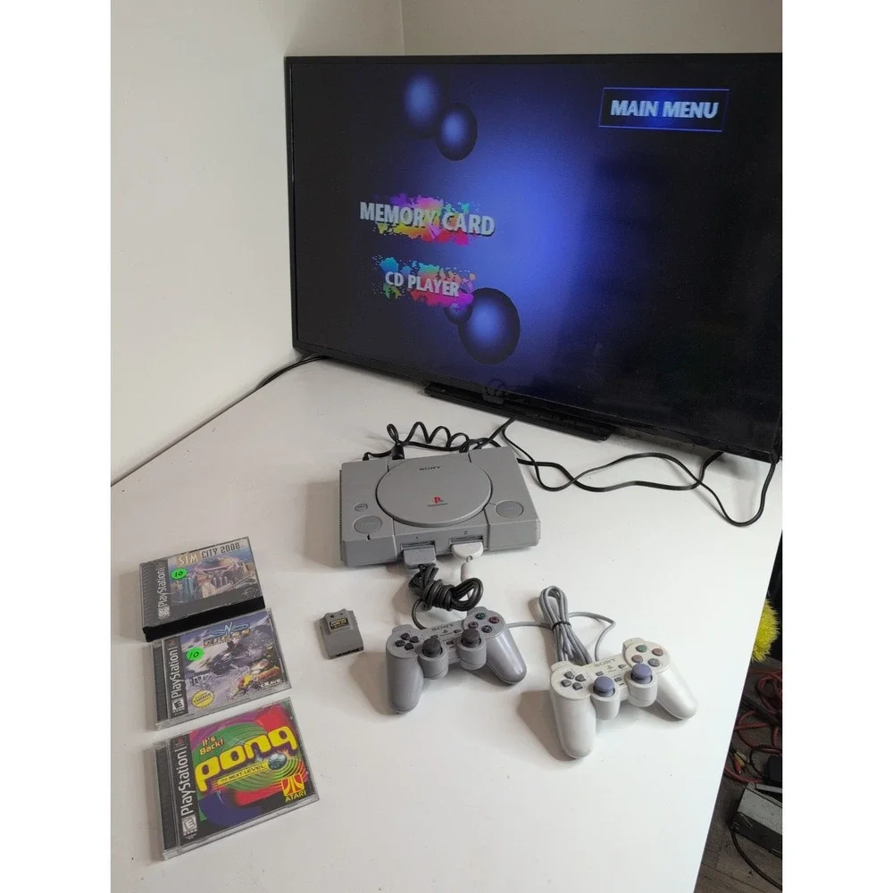 Sony PlayStation PS1 SCPH-7501 Gray Console Tested Working + 2 Controllers Games